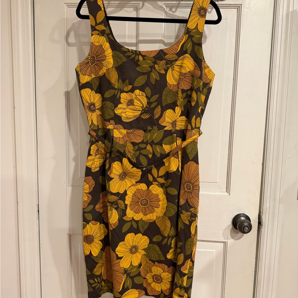 David Meister Yellow and Brown Floral Midi Dress